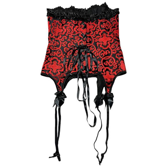 Red & Black Brocade Corset with Garter Straps - Gothic Burlesque Style - Size XL - Picture 7 of 10